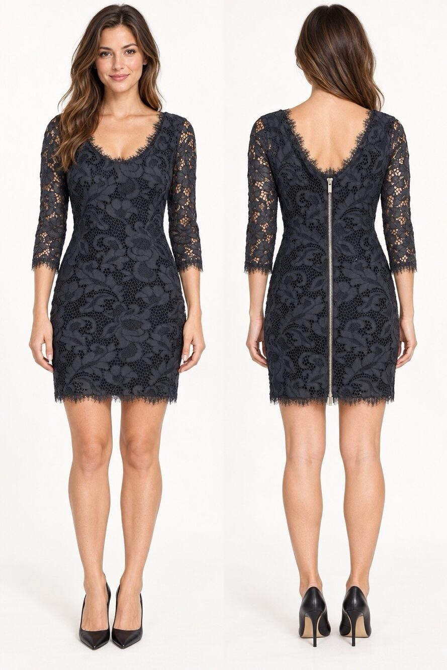 Diane Von Furstenberg Zarita Lace Dress Size 6 Black 3/4 Sleeve Cocktail DVF